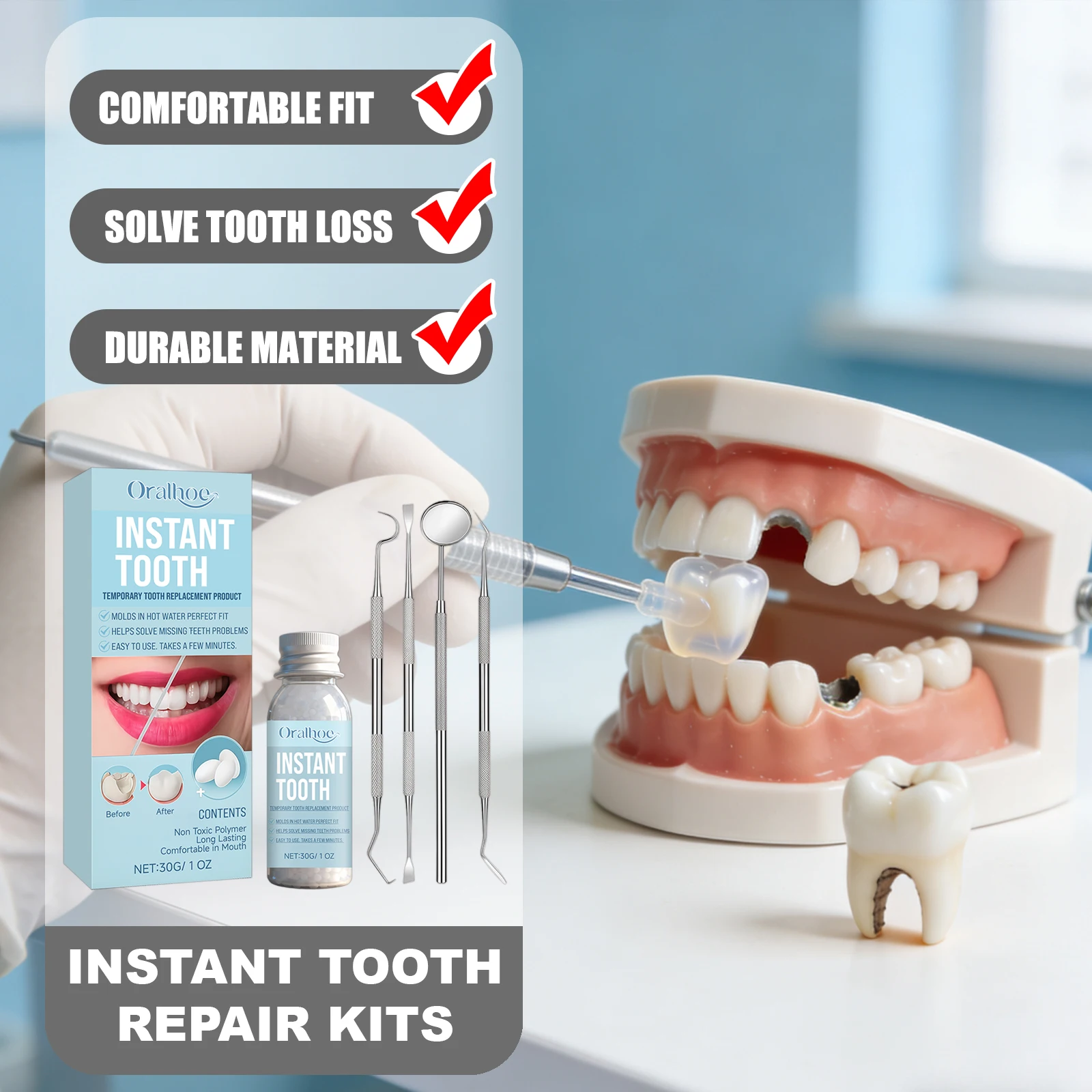 

ORALHOE Instant Tooth Repair Kits Solves Tooth Loss Issues Safe & Non-Irritating Durable Material Restores Chewing Function