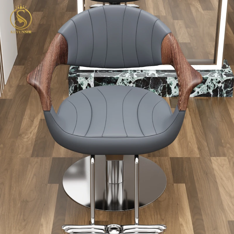 

Keyunshi Stylish Salon Hairdressing Chair with Wooden Armrests & Stainless Steel Base, Premium Gray Leather Barber Chair
