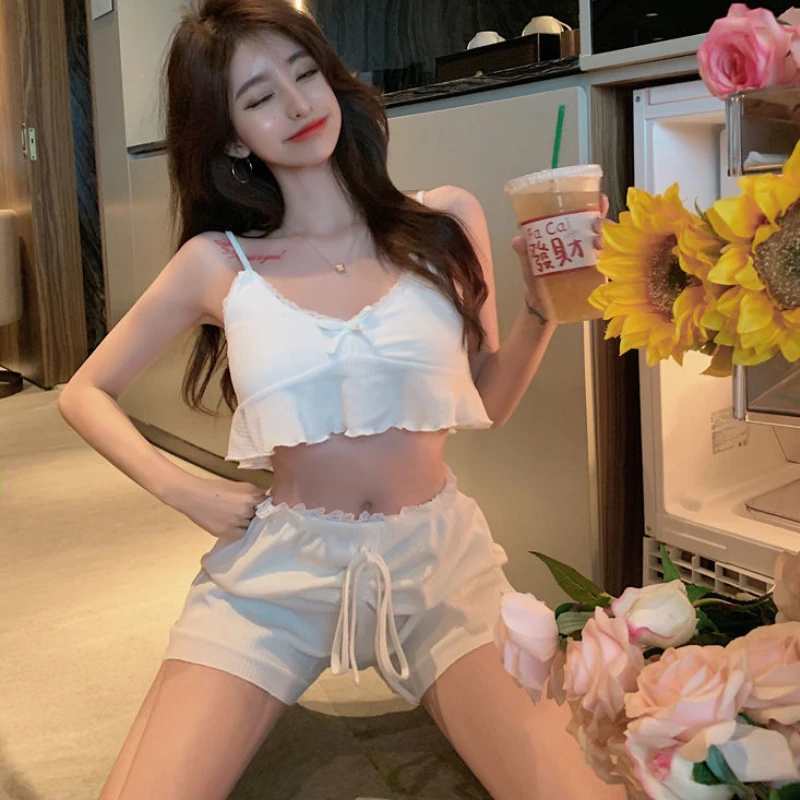 Lace Camisole Sets Women Slim Sexy Pure Casual Simple Cozy Summer Shorts Bandage Daily Streetwear Korean Style Hot Girls Chic