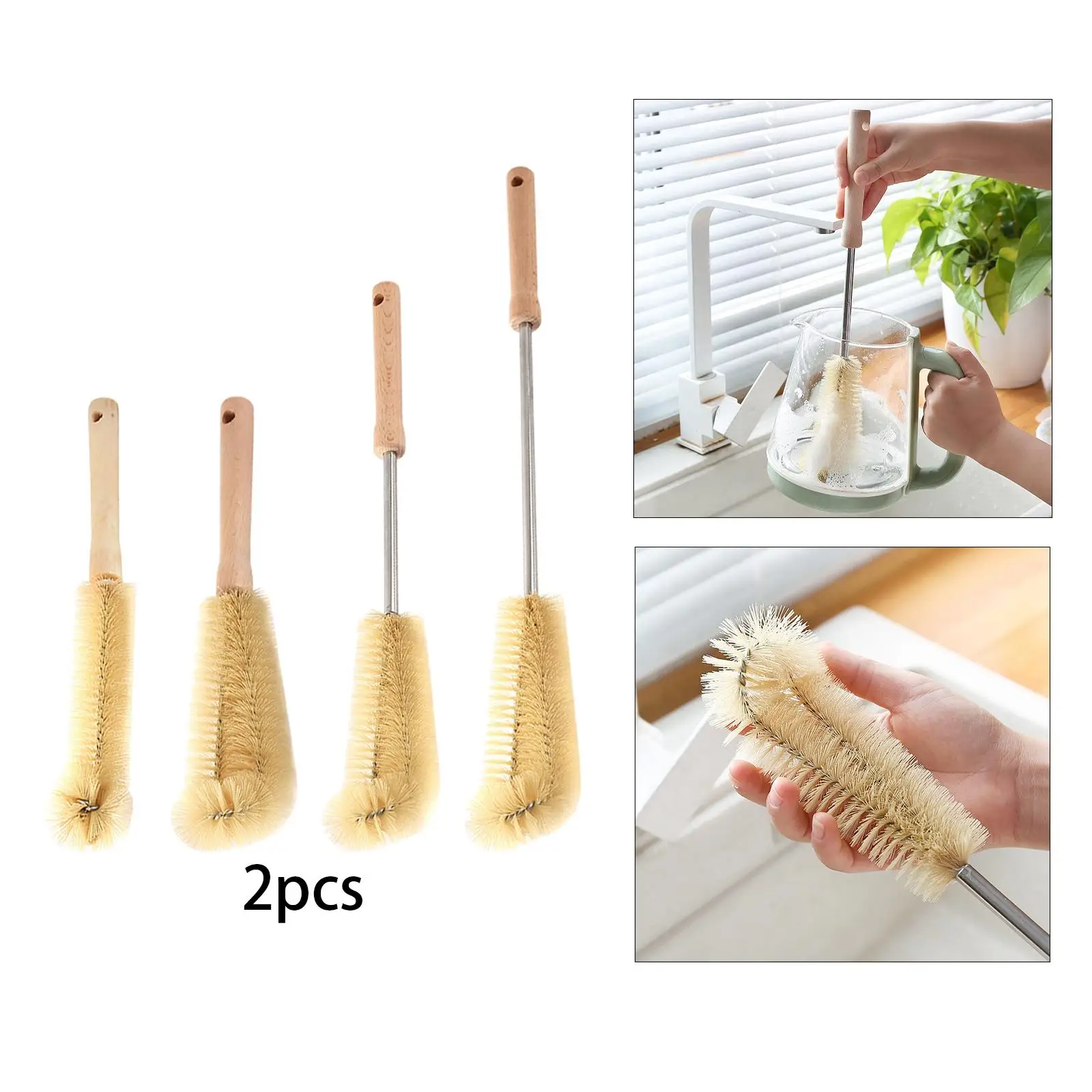 Cepillo de limpieza de botellas multifunción, mango de madera para Tae Jurs, 2 piezas