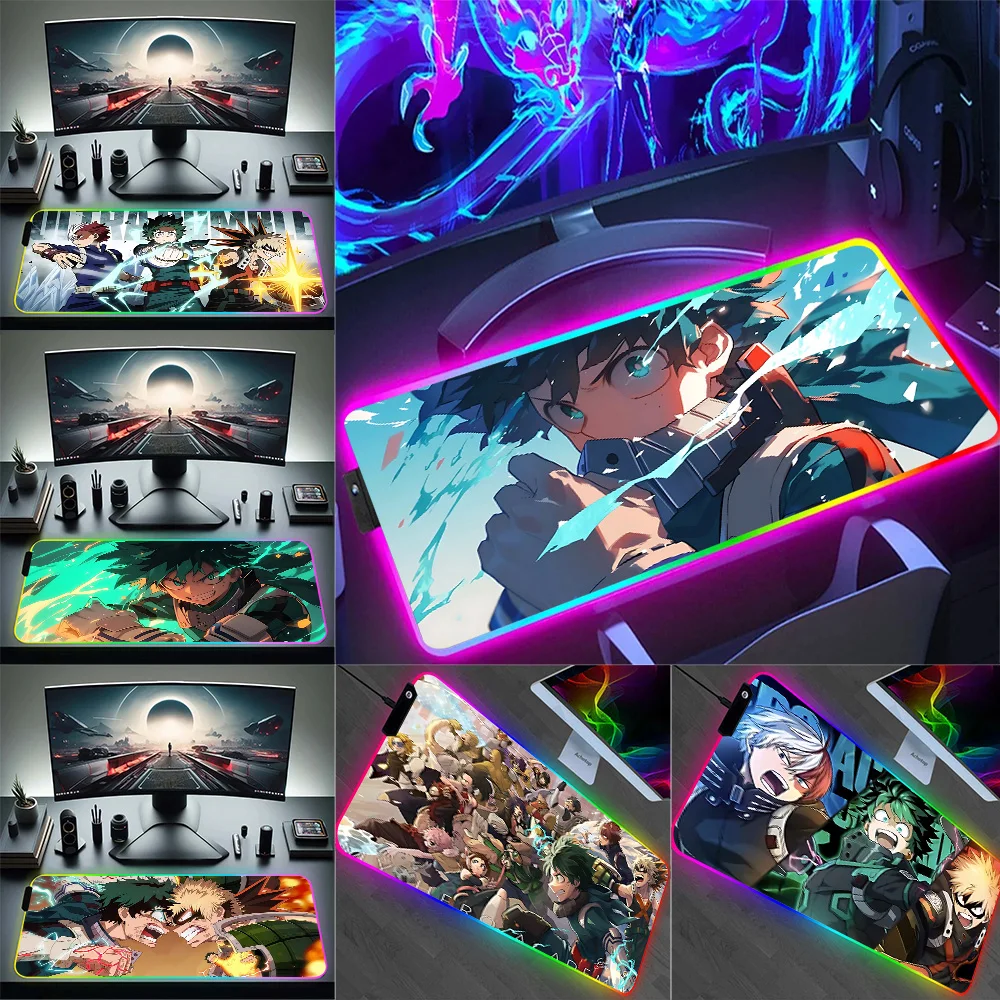 RGB Pc Gamer Keyboard Mouse Pad Mousepad LED My hero academia deku Glowing Mouse Mats Rubber Gaming Computer Mausepad