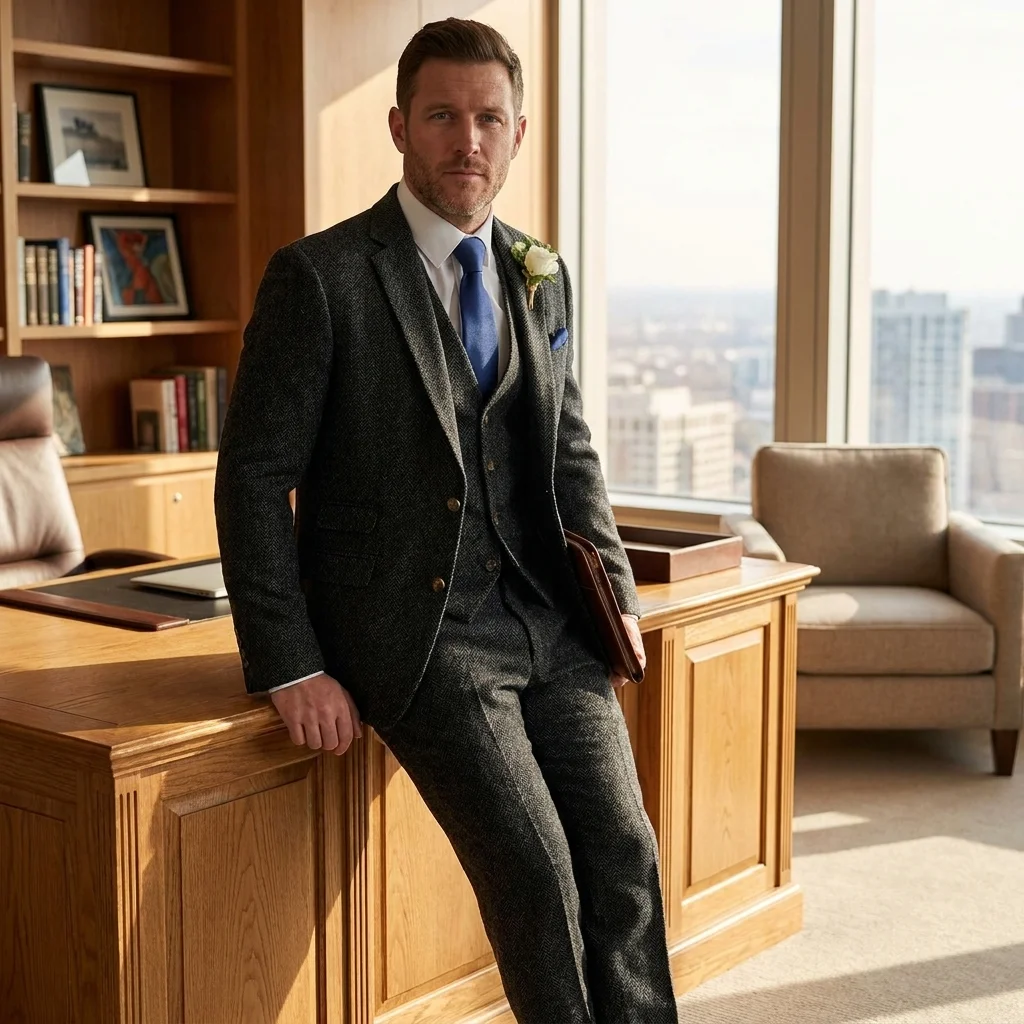 Men's Suits  Casual  Regular Fit 3 Piece Notch Lapel Single Breasted Tweed Herringbone Blazer+Vest+Pants For Party