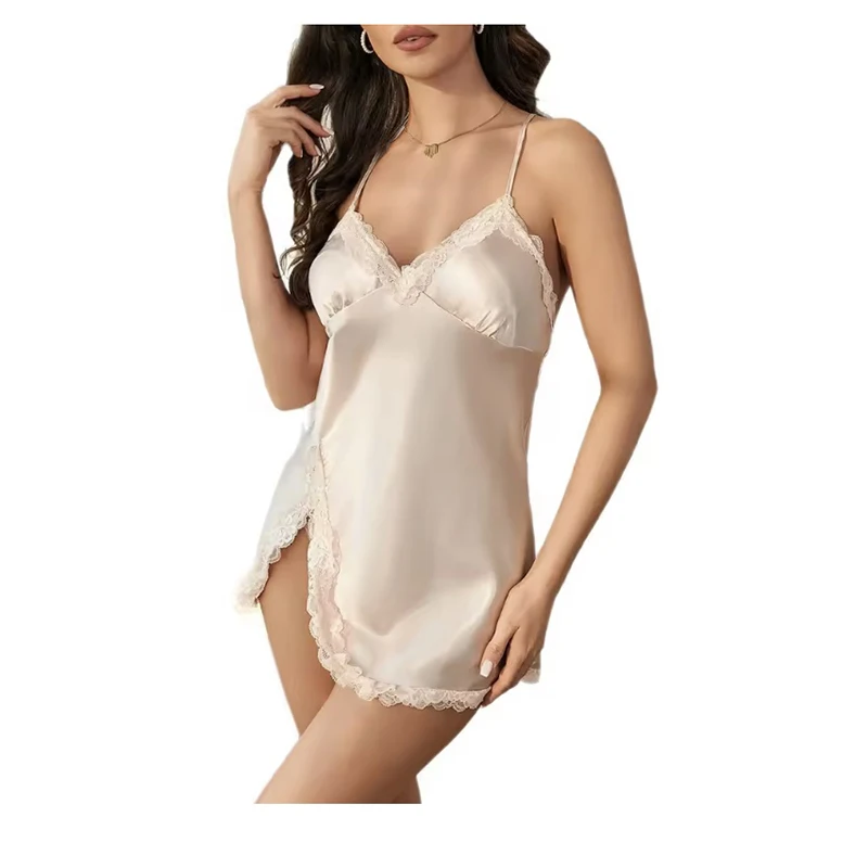 

Новая роскошная женская ночная сорочка из кружева и атласа с глубоким V-образным вырезом на спине, шелковая ночнушка-халтер