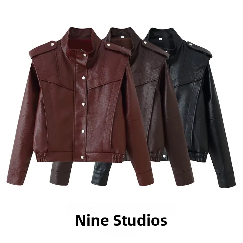 Nine Zar Women's Tri-Color Lychee Texture Faux Leather Stand Collar Jacket Casual Outerwear Top Short Sleeve Long Coat