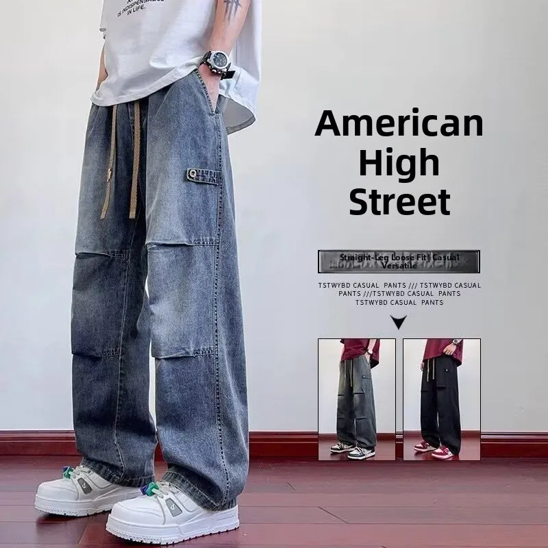 

American Retro Pleated Jeans Men's Spring Summer Thin Faion High Street Loose Straight Casual Workwear Long Pants