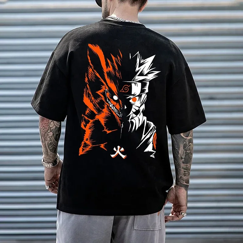 

Anime Naruto personalized printing black short-sleeved t-shirt men's summer new loose plus size t-shirt College Style Men's