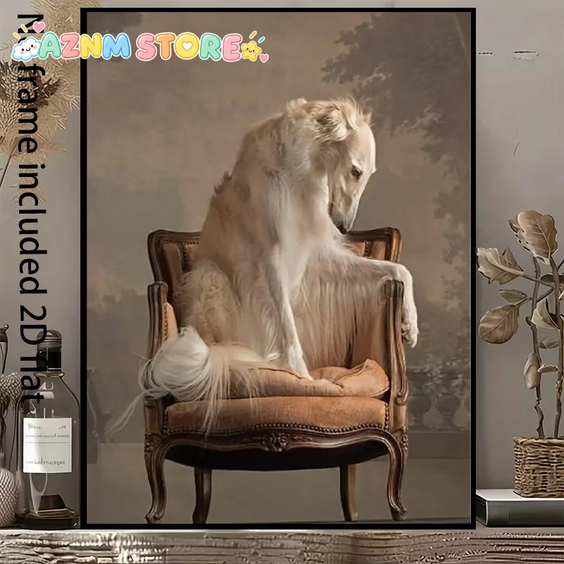 2027, , []  Decorative Canvas Painting Elegant White Long-Haired Dog Sitting on a Classic Carved Armchair Canvas Painting Art