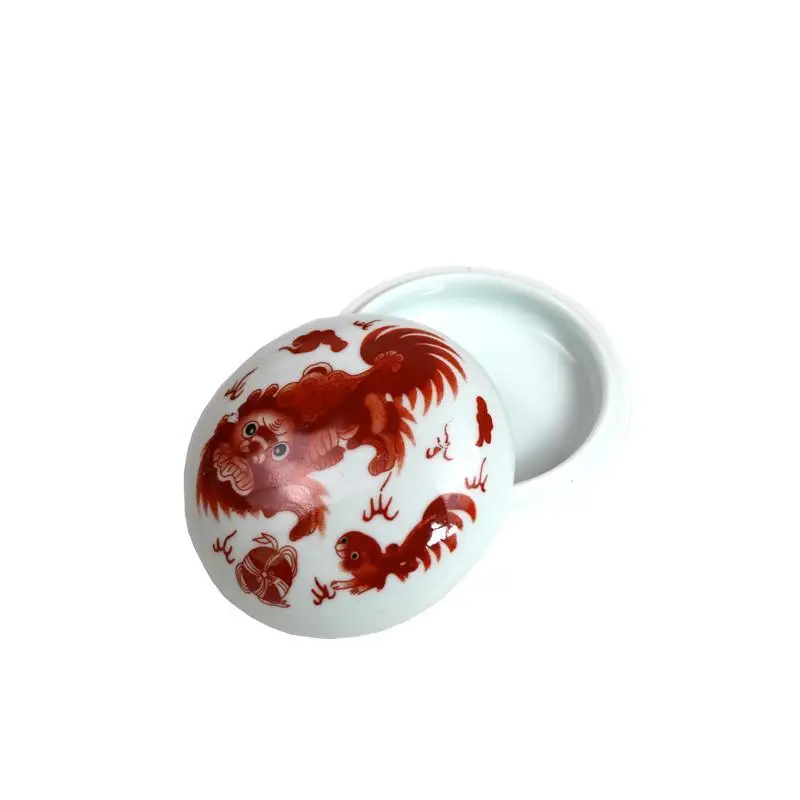 Guangzu Tang Jingdezhen Ceramic High White Red Lion Pattern Ink Box Powder Box Ink Tank Four Treasures of Study Porcelain Box