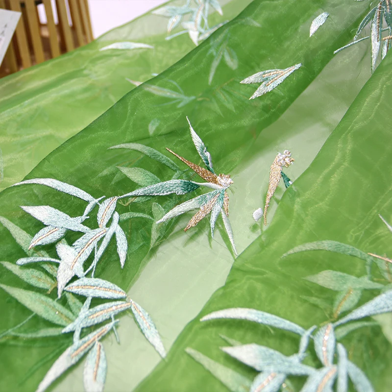 竹刺繍オーガンザ生地 DIY 馬の顔プリーツスカートチャイナ縫製グラデーションヘビー刺繍竹デザイン生地