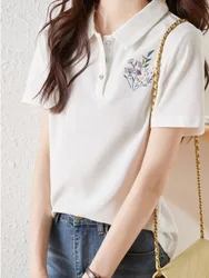 #3358 White Blue Purple Polo Shirts Women Embroidery Floral Loose Office Shirts Female Turn-down Collar Buttons Vintage Summer