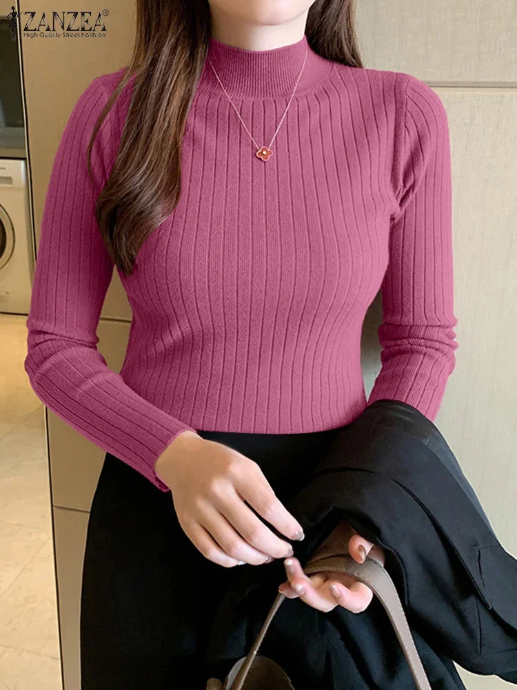 ZANZEA Elegant Women's Knitted T-Shirts 2025 Autumn Comfort Mock Neck Long Sleeve Solid Color Short Pullover Sweaters 6 Colors