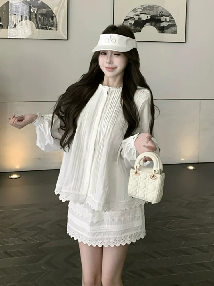 RORORIRI Camicia a punto con finiture in pizzo Gonna Donna Set da 2 pezzi Camicetta a maniche lunghe a pieghe Top Minigonna a trapezio Abiti coreani per le vacanze