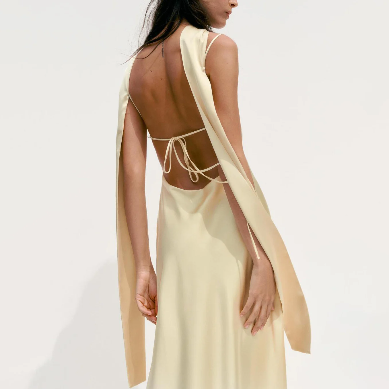 Sukienka letnia damska, seksowna, z odkrytymi plecami, długa, na imprezę, z szalem, elegancka, w jednolitym kolorze, z efektem \"temperament stain slip dress\".