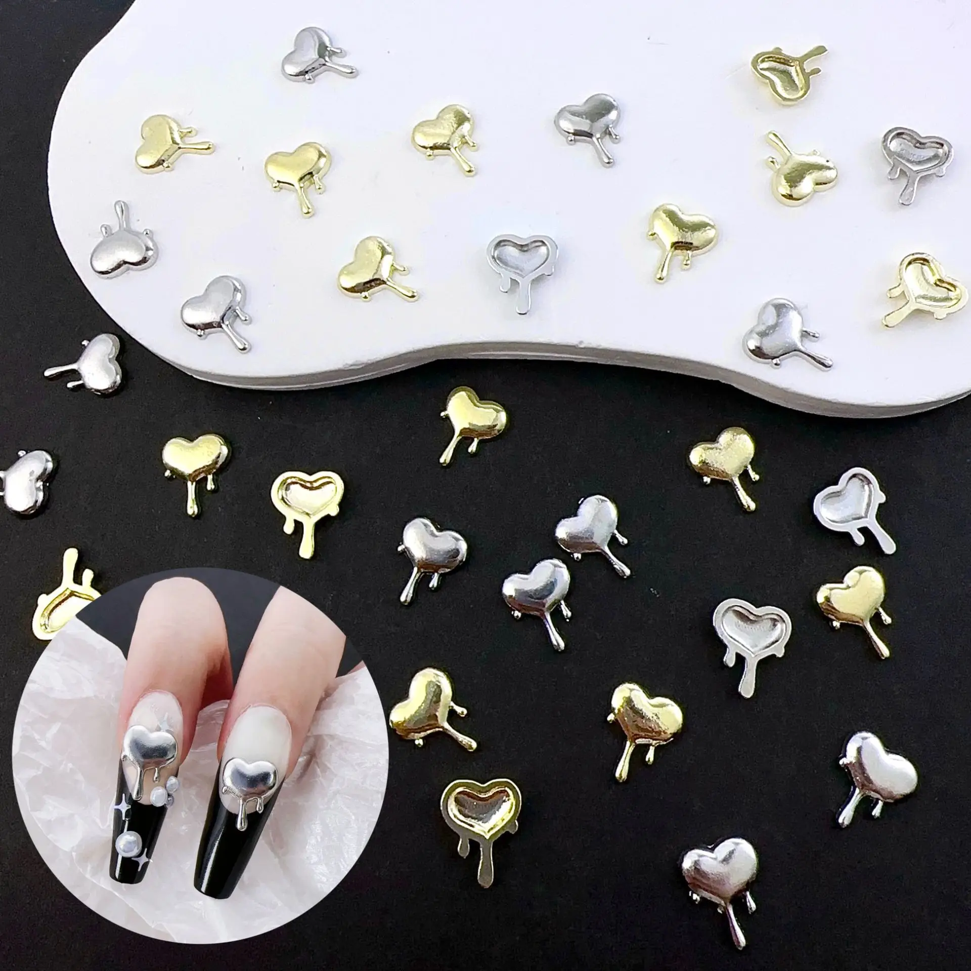 20pcs Punk Style Alloy Heart Nail Art Charm 3D Lava Love Gold Silver Heart Nail Art Decoration DIY Supplies Accessories