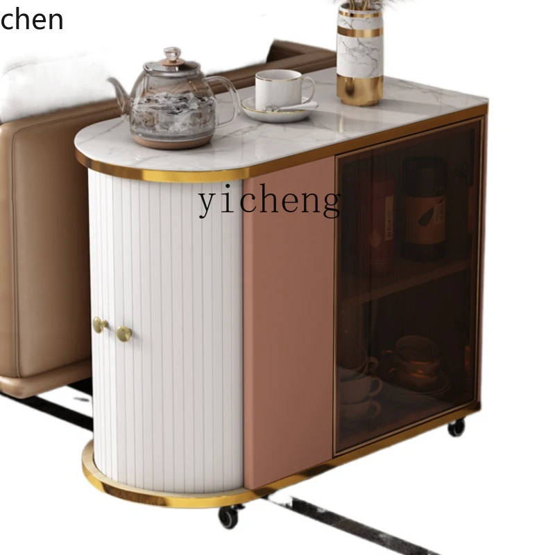 YFY Portable Tea Table Boiling Water Small Stone Plate Tea Table Solid Wood Tea Cart Multifunctional with Wheels