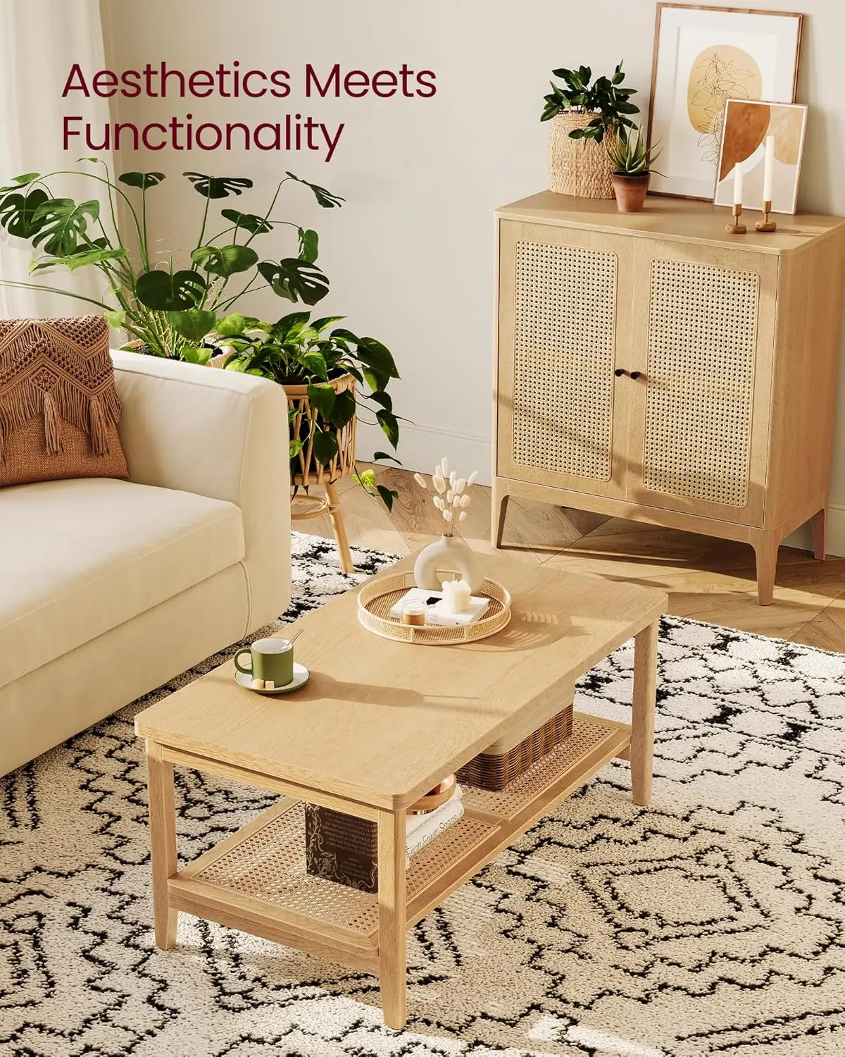 2-Tier Coffee Table with Rattan Shelf, Easy Assembly, Boho Style, Oak Beige, 21.7x39.4x17.7 Inches