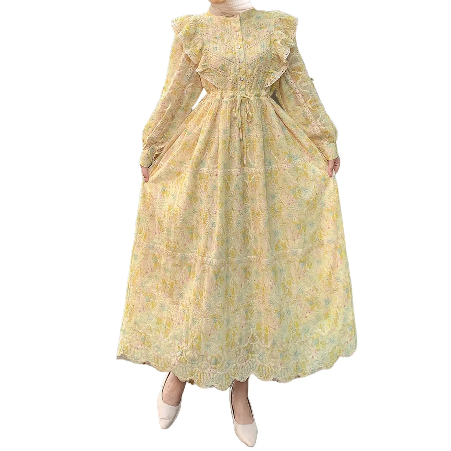 Women's Clothing Small Stand-up Collar Hollowed Out Heavy Industry Embroidery Ruffle Edge  Lace Floral Drawstring Dress Cw12115