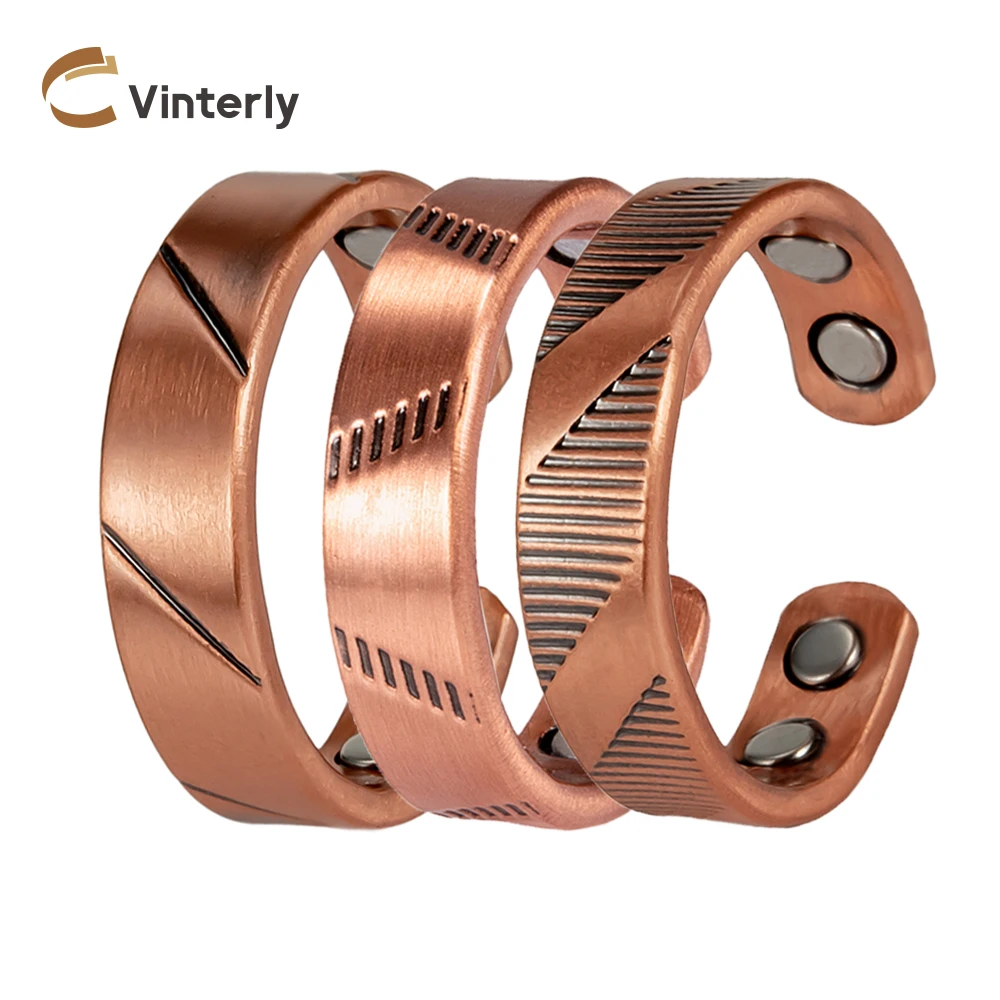 Vinterly Pure Copper Magnetic Rings Lines Adjustable Vintage 6mm Open Cuff Jewelry Wedding Bands Resizable Finger Metal Soft