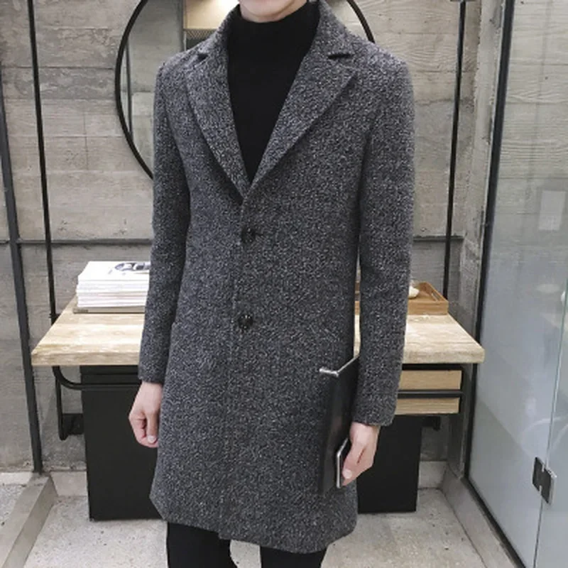 

2023 Men's Thick Wool Blends Trench Long Casual Top Coats Fashion Warm Coat Lapel Collar Overcoat Oversize Male Slim Windbreaker