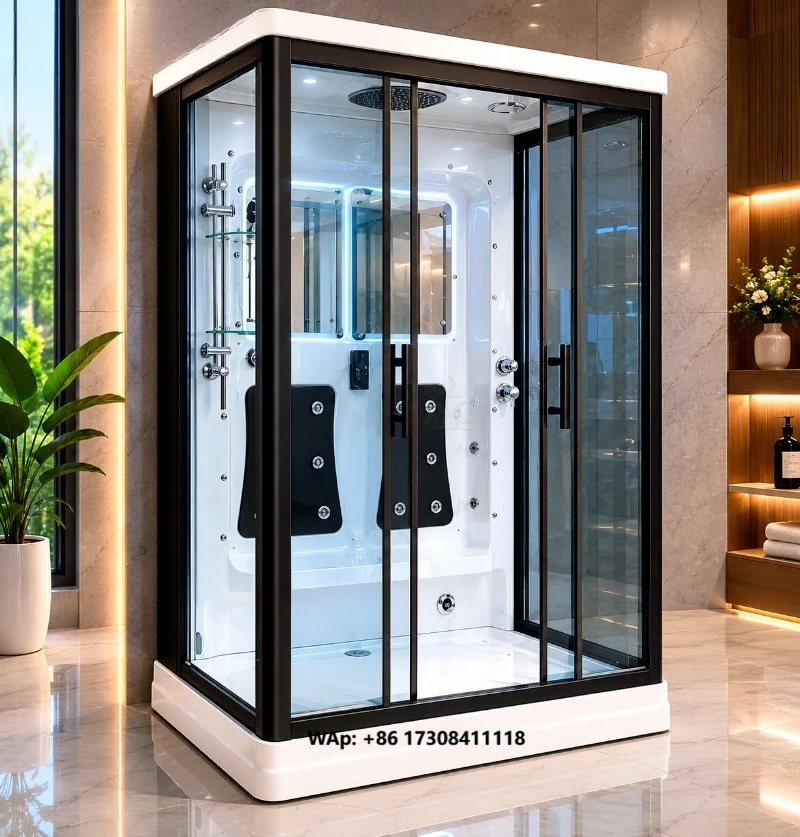 2-Person Hotels' Smart Control Panel 6Mm Tempered Glass Frame Polished Indoor Bathroom Steam Shower Cabin Square Sliding Open