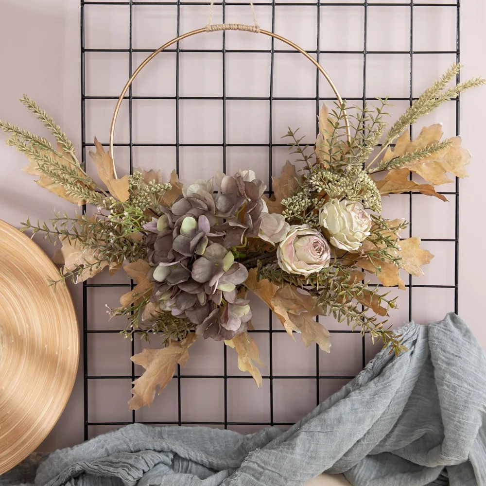 

Simulation Rose Hydrangea Half Ring Wall Hanging Home Decor Flower Design Wedding Hand Bouquet Wall Decoration