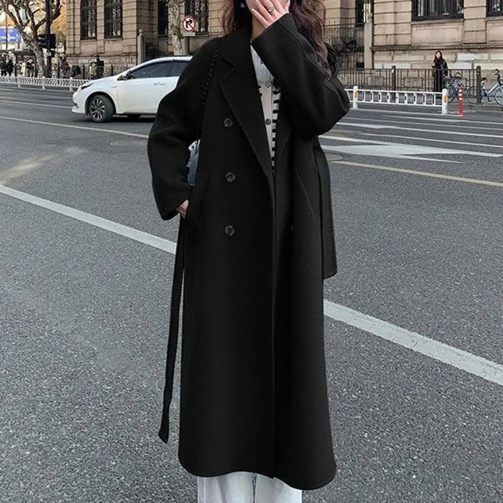 

Lace-up Waist Coat Stylish Mid-calf Length Women's Overcoat with Turn-down Collar Double-breasted Design Thickened for Fall