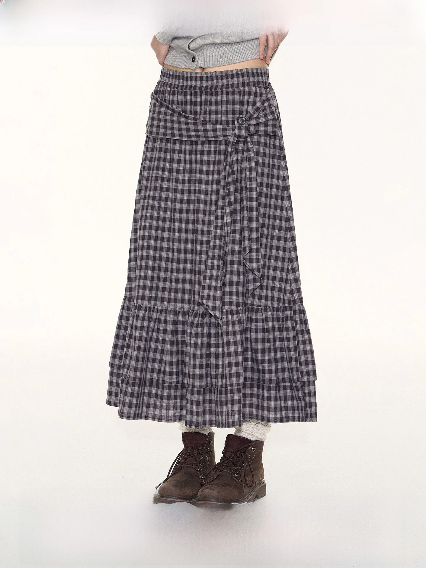 

Оригинальная женская юбка NAPSNAPS в клетку с поясом, А-силуэт, миди, двухслойная, льняная, с плиссировкой, в японском стиле, длинная юбка