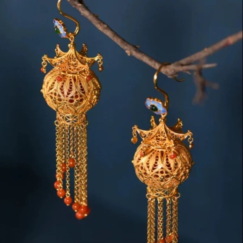 أقراط نسائية كلاسيكية على شكل فانوس قصر سلالة مينغ الصينية، هدايا مجوهرات ريترو متخصصة