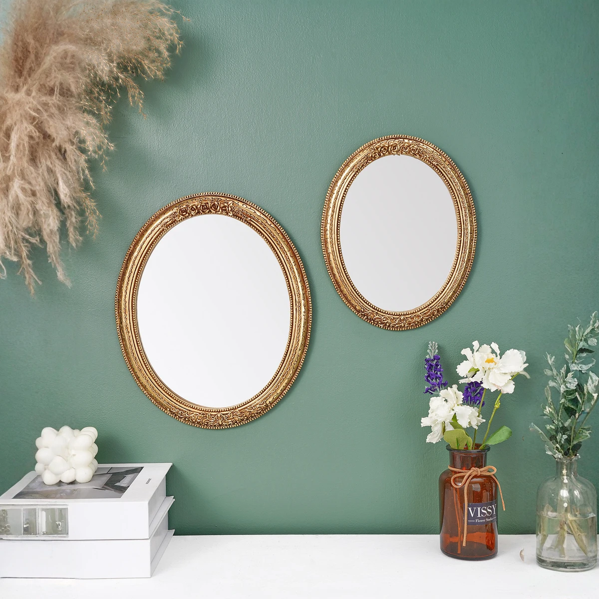 1Pc, European-Style Classical Gilded Oval Rose Relief Decorative Mirror, Rococo Resin Wall-Mounted Makeup Mirror
