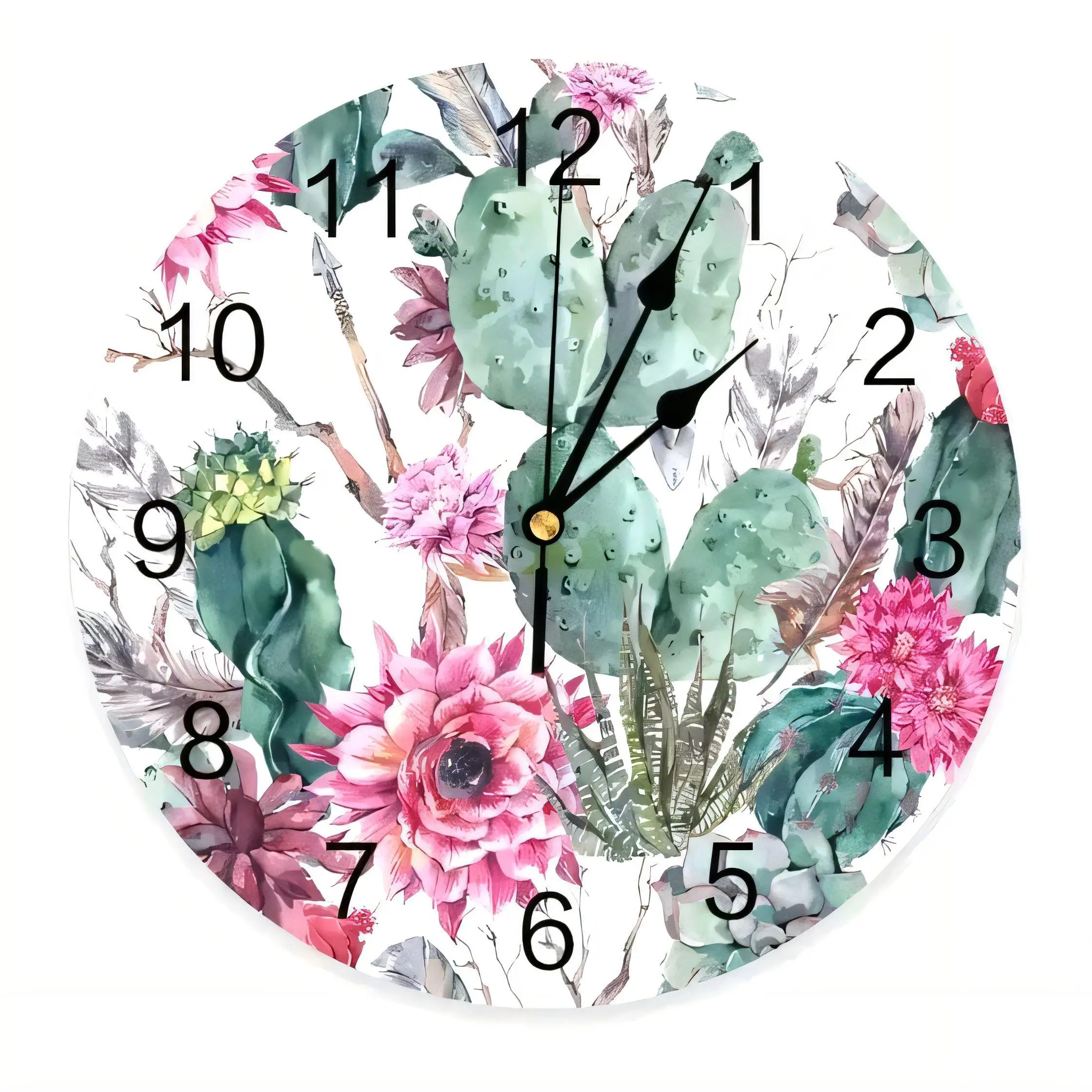 Modern Watercolor Succulent Cactus Wall Clock  Decorative Home Office Green Pink Floral Art Round Silent Non Ticking