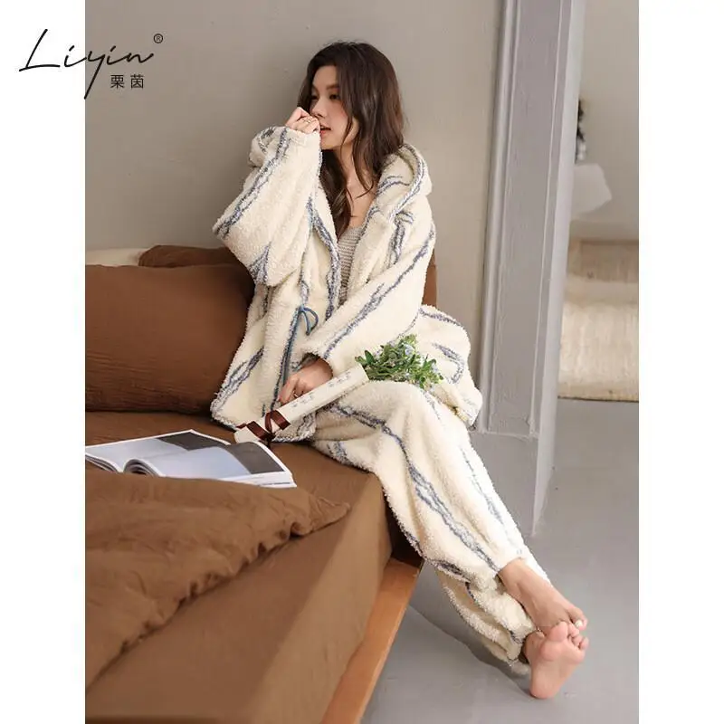 طقم بيجامة نسائي بغطاء للرأس من Pjs بيجامة شتوية دافئة ملابس منزلية عصرية، طقم بيجامة لطيف وناعم جديد ساخن