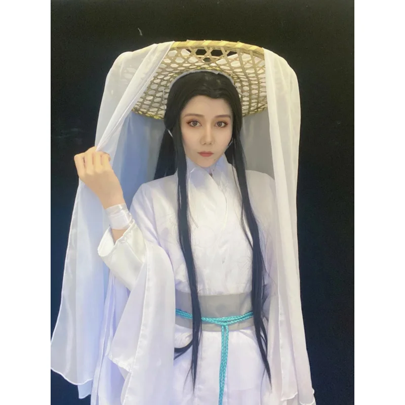 Tian Guan Ci Fu Xie Lian-pelucas de disfraz, sombrero de bambú, traje blanco HanFu, tela de Halloween, sombrero de bendición oficial del cielo