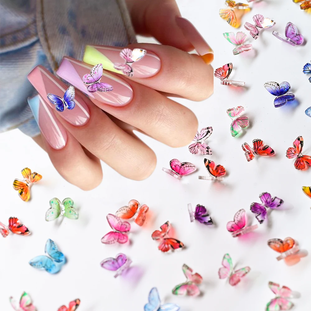 20Pcs/Bag Mix Colorful Butterfly Nails Decoration Kawaii Resin Butterfly Decals Nail Charms Manicure Butterfly Parts DIYAccessoy