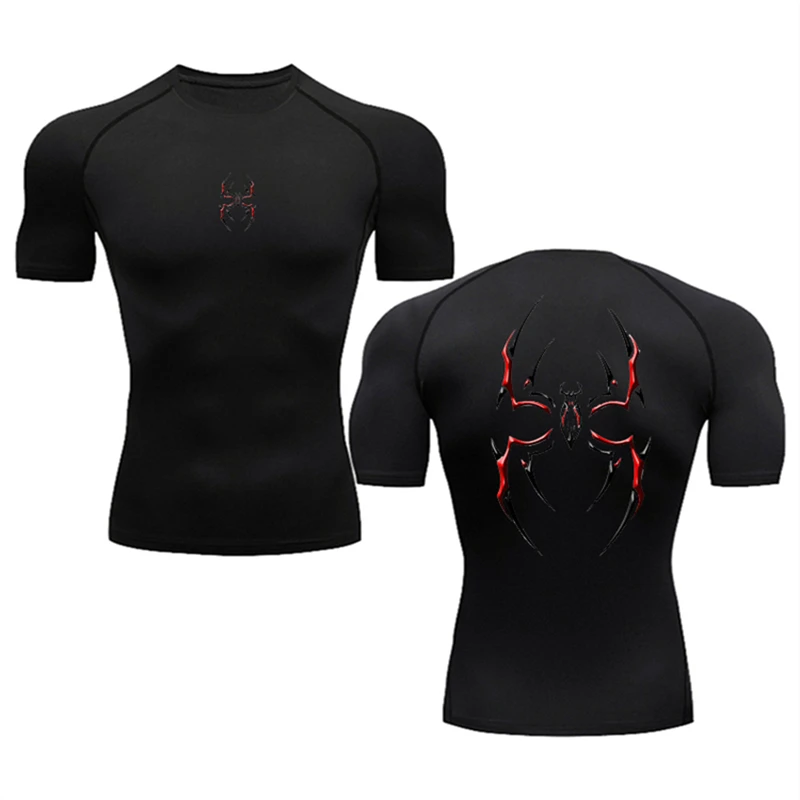 New Short Sleeve Compression Shirt Spider Print Gym Sport Quick Dry Gym TShirts Fitness Athletic Undershirts Elasticity Tops