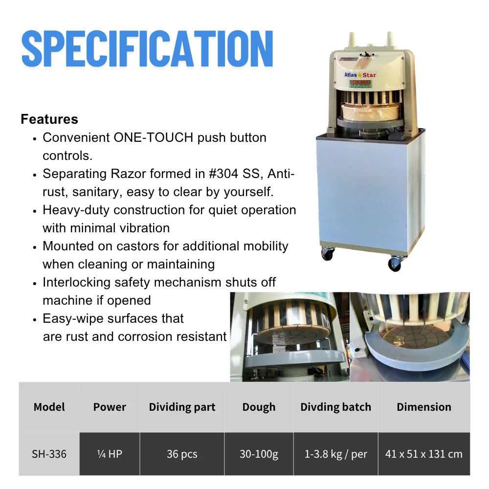 New ATLAS STAR Bakery Machine Electric Automatic 304 Stainless Steel Wheat Flour Bread Dough Cutter Divider 36PCS Multi-Voltage