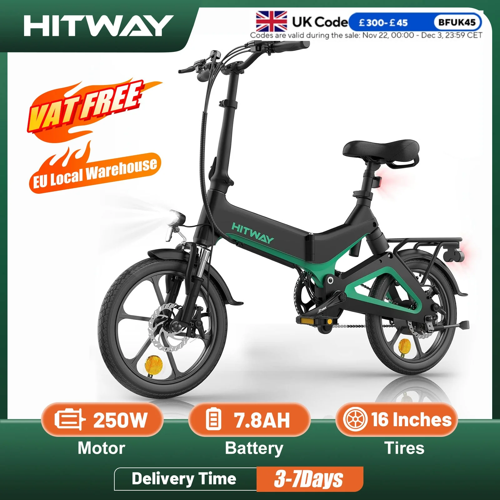 HITWAY Electric Bike 250W Foldable Pedal Assist E Bike with 7.8Ah Battery without accelerator, 16 inch for Teenager and Adults