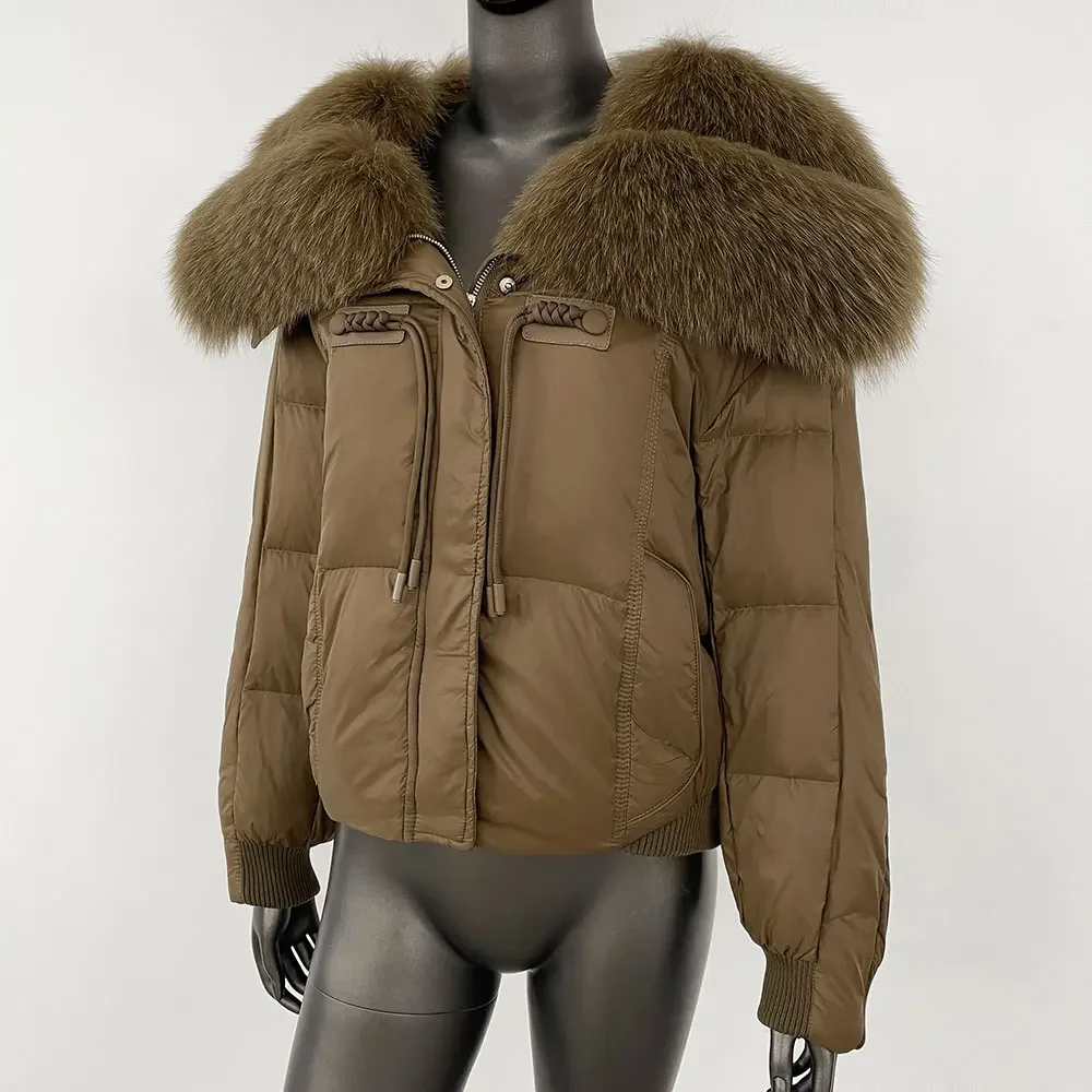 Jacket Warm Duck Down Coat Short Streetwear Outerwear Women Natural Thick Loose Fur Big Real Fox Fur Collar Fashion Winter