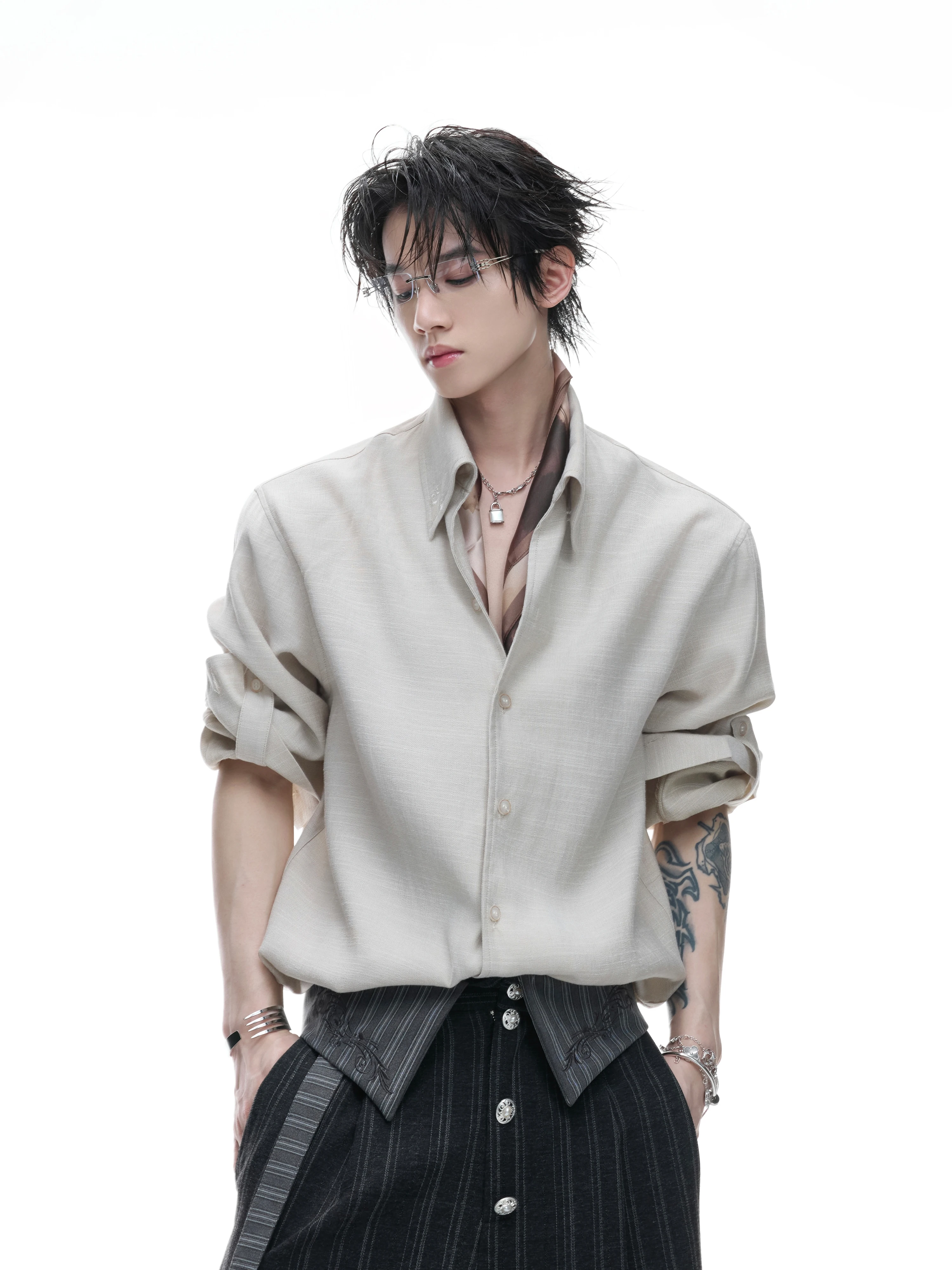 Loose Long Sleeve Linen Shirt Adjustable Cuff Texture Shirt Casual Style Standard Fit Hand Ironed Pleats Polyester Fiber
