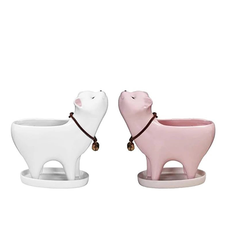 

2 PCS Cat-Planter Ceramic Plant Pots White & Pink Ceramics Decorative Animal Flower Pot With Drainage Hole And Tray Saucer