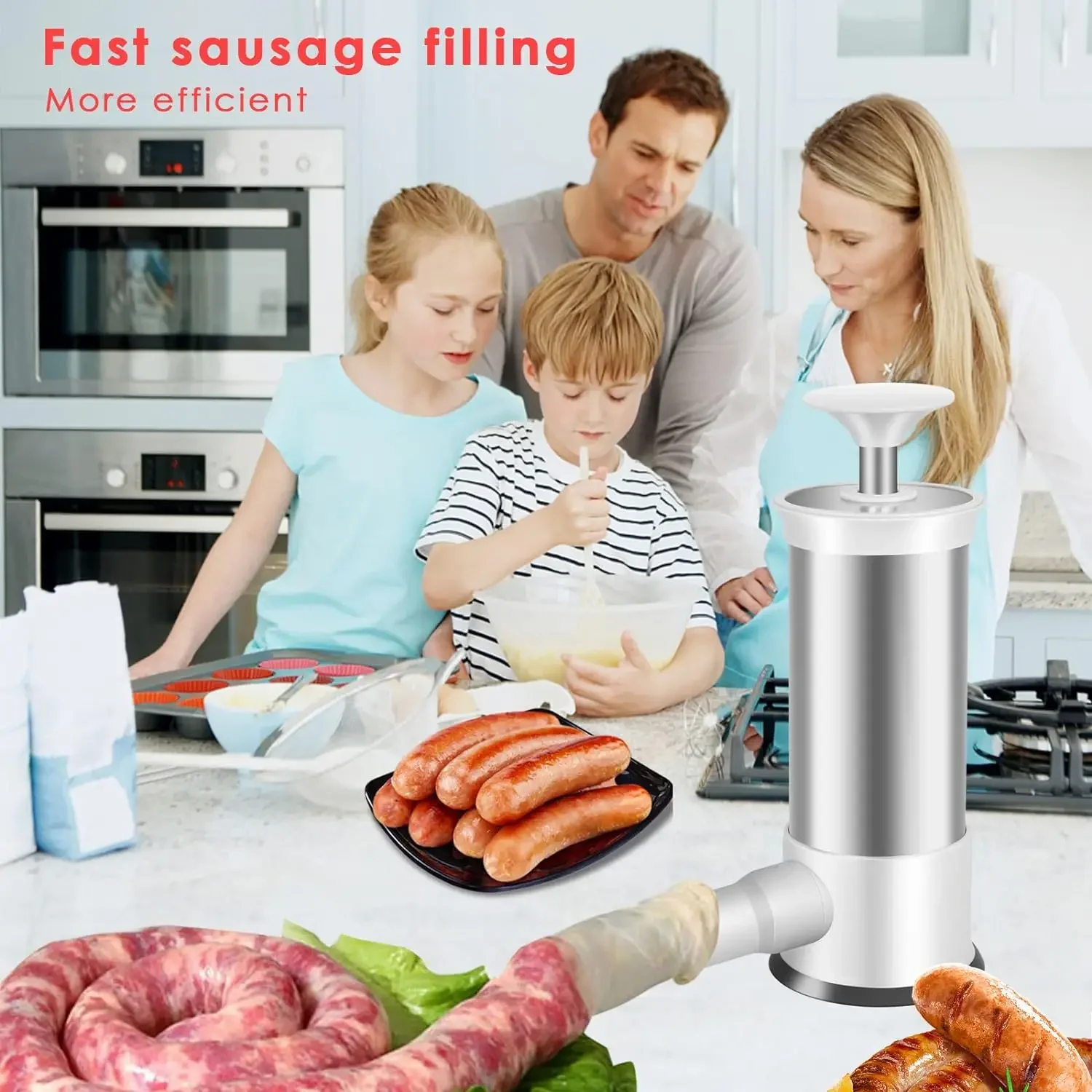 Sausage Stuffer Machine Stainless Steel Homemade Sausage Maker with 4 Stuffing Tubes Household Kitchen Meat Stuffer Filling Tool