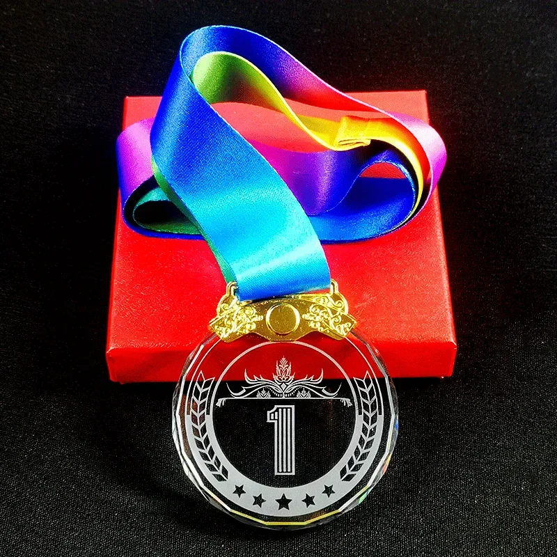 Color Printing or Laser Engraving Clear Crystal Glass Medals 1st 2nd 3rd Award Gift Box