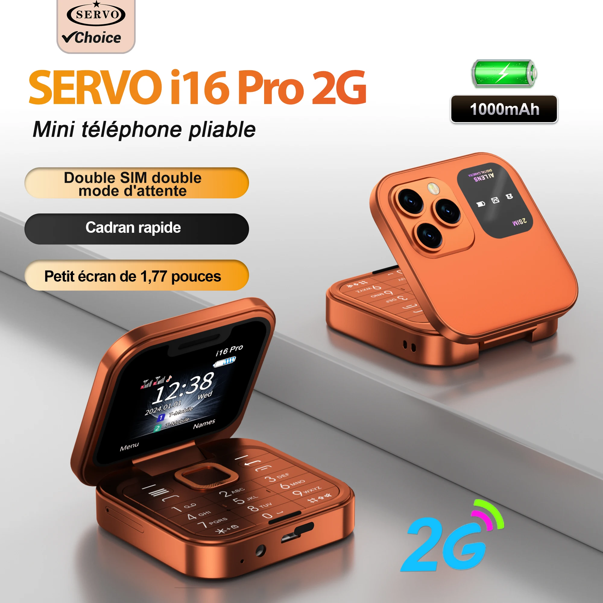 Téléphone portable pliable SERVO Mini Flip avec numérotation rapide, fonction vocale magique, lampe torche, liste noire, enregistrement d'appels, radio FM, double SIM 2G