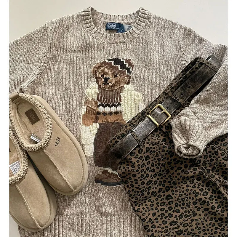 Classic Loose Polo Bear Embroidered Knitted Sweater for Women, Top with High-end Temperament and Versatile Clothing Cardigans