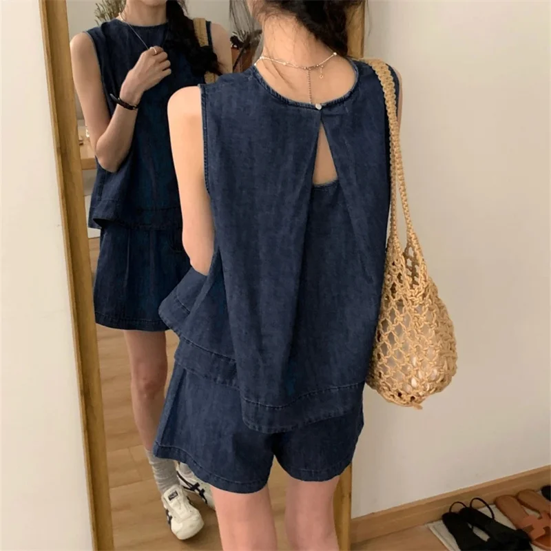 

2025 Summer Women's Clothing Set New Korean Short Women's Clothing Aging Fashion Elastic Waist Shorts Two Piece Cowboy Set WLF