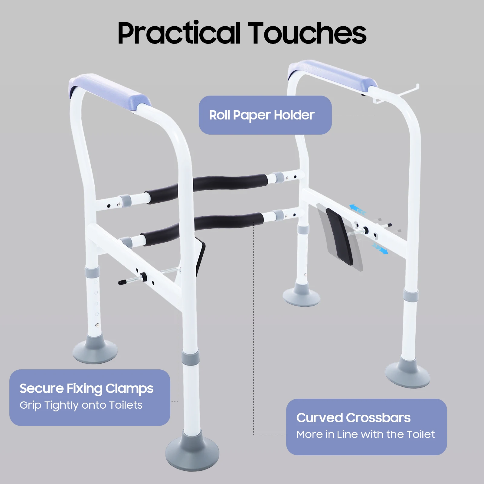 Guide di sicurezza per WC, carico da 330 libbre, lunghezza regolabile in altezza, piedini filettati in acciaio al carbonio per anziani, incinti, disabili, bagno