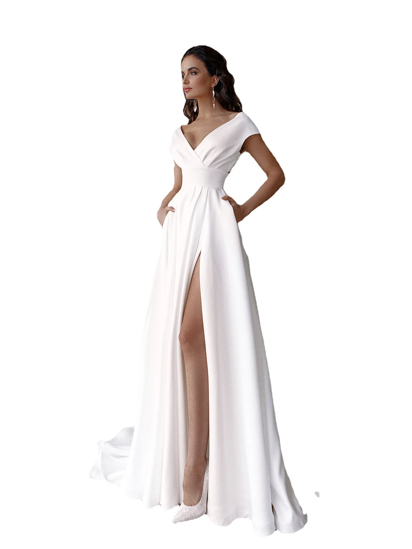 Prom Maxi Dress for Women Wedding Party Cloth V-neck Solid Backless Short Sleeve Mopping Long Skirt Vestidos Woman White Dresses