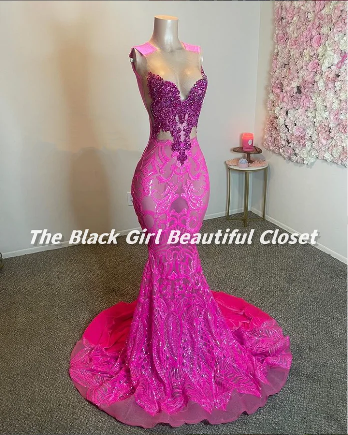 Barbie Pink Purple Exquisite Evening Gowns 2024 African Girls Sexy V Neck Ball Gowns Glitter Diamante Clash Applique Dresses