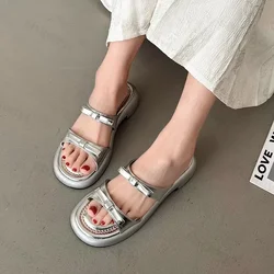 2025 New French Beach Shoes Open Toe Square Head Slippers Women Summer Fashion Bowknot Flat Slippers Women's Simple Sandals
