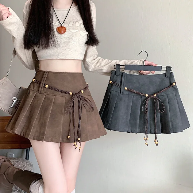 

American Retro Pu Leather Mini Skirt Female Chic High-waisted A Line Skirts Female Kawaii Lace Up Slim Fit Pleated Skirt Y2k