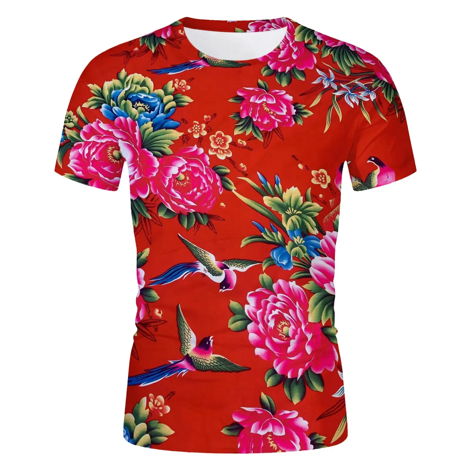 Men's Northeast Big Flower Pattern Tee Shirt Summer Casual Print Short Sleeve Round Neck 2024 Popular New Street Pullovers Tops